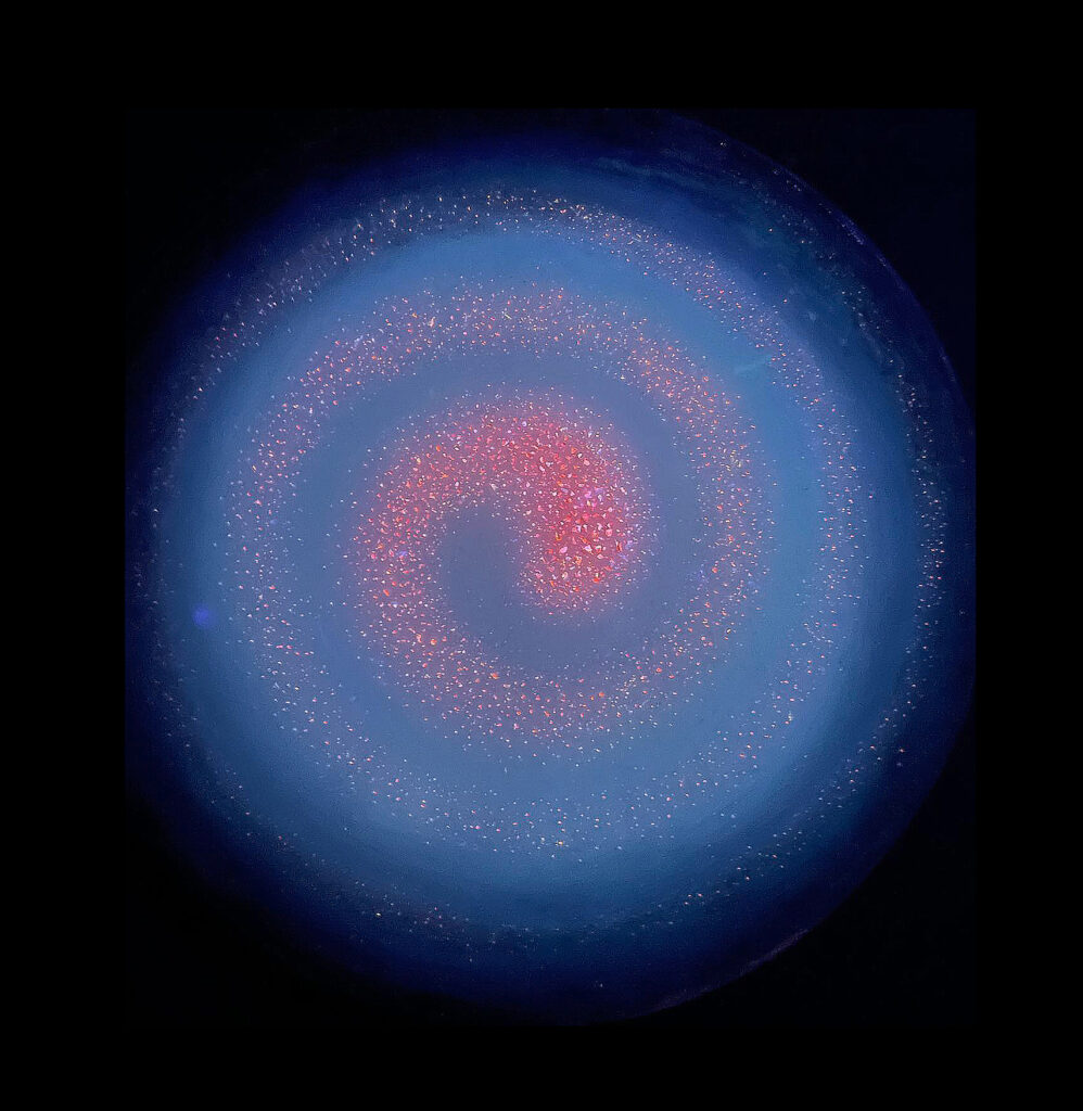 "Dervish", fluorescent painted crushed glass on resin, 27"x27" round panel