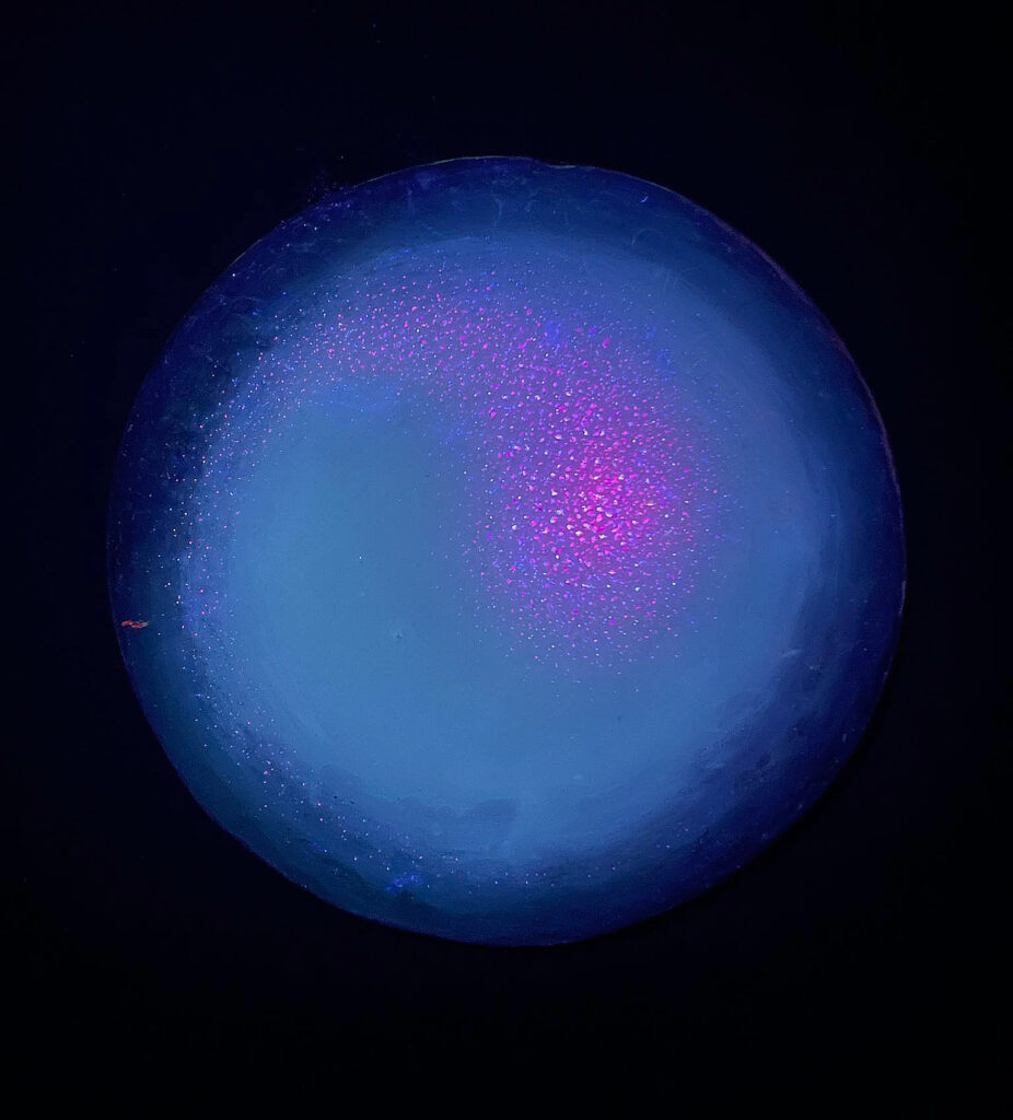 "Yin Yang", fluorescent painted crushed glass on resin, 27"x27" round panel