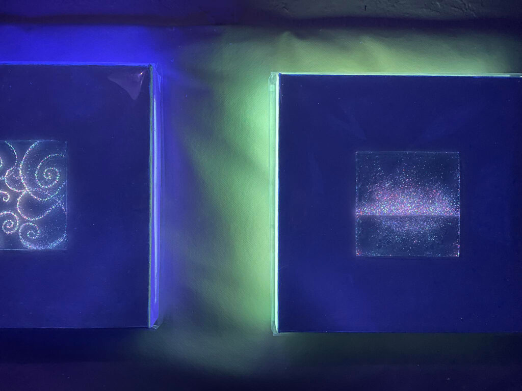 Pattern 1 & 2, fluorescent painted crushed glass on polyester sheet