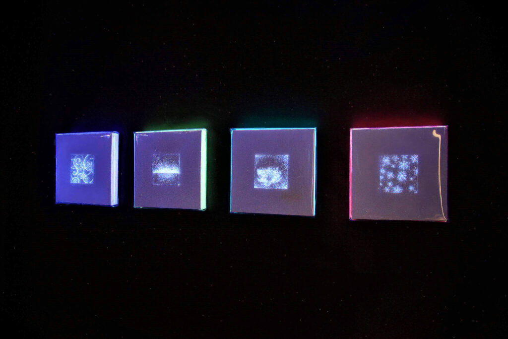 Pattern 1, 2, 3 & 4, fluorescent painted crushed glass on polyester sheet